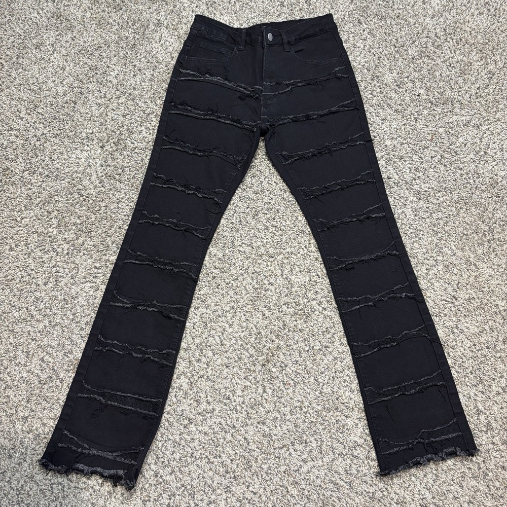 Manfinity Black Y2K Style Distressed Flare Jeans XS‎ Raw Hem Grunge Size XS
